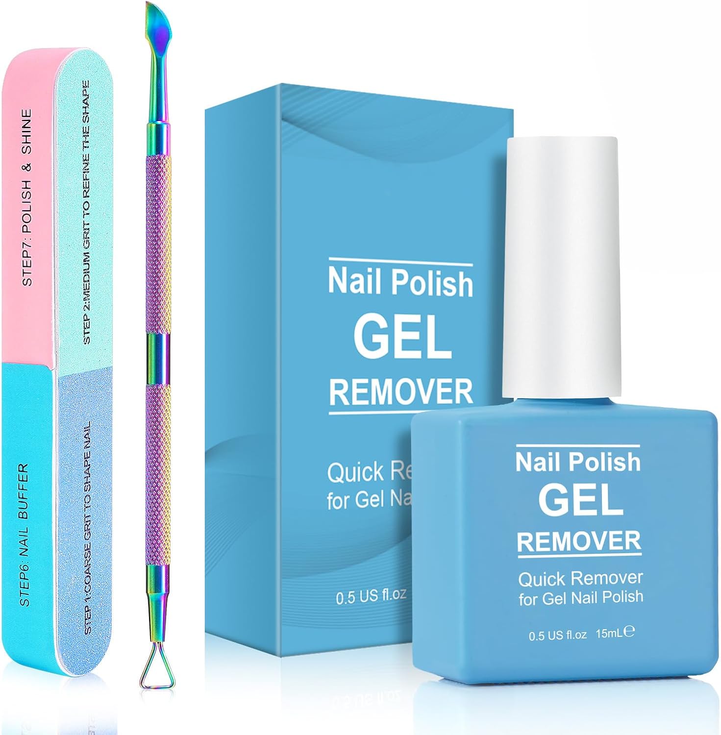 Gel Nail Polish Remover 15ml with Nail File & Nail Polish Scraper, Professional Gel Polish Remover, Easily & Quickly Remove Nail Polish in 3-5 Minutes, Doesn't Hurt Nails