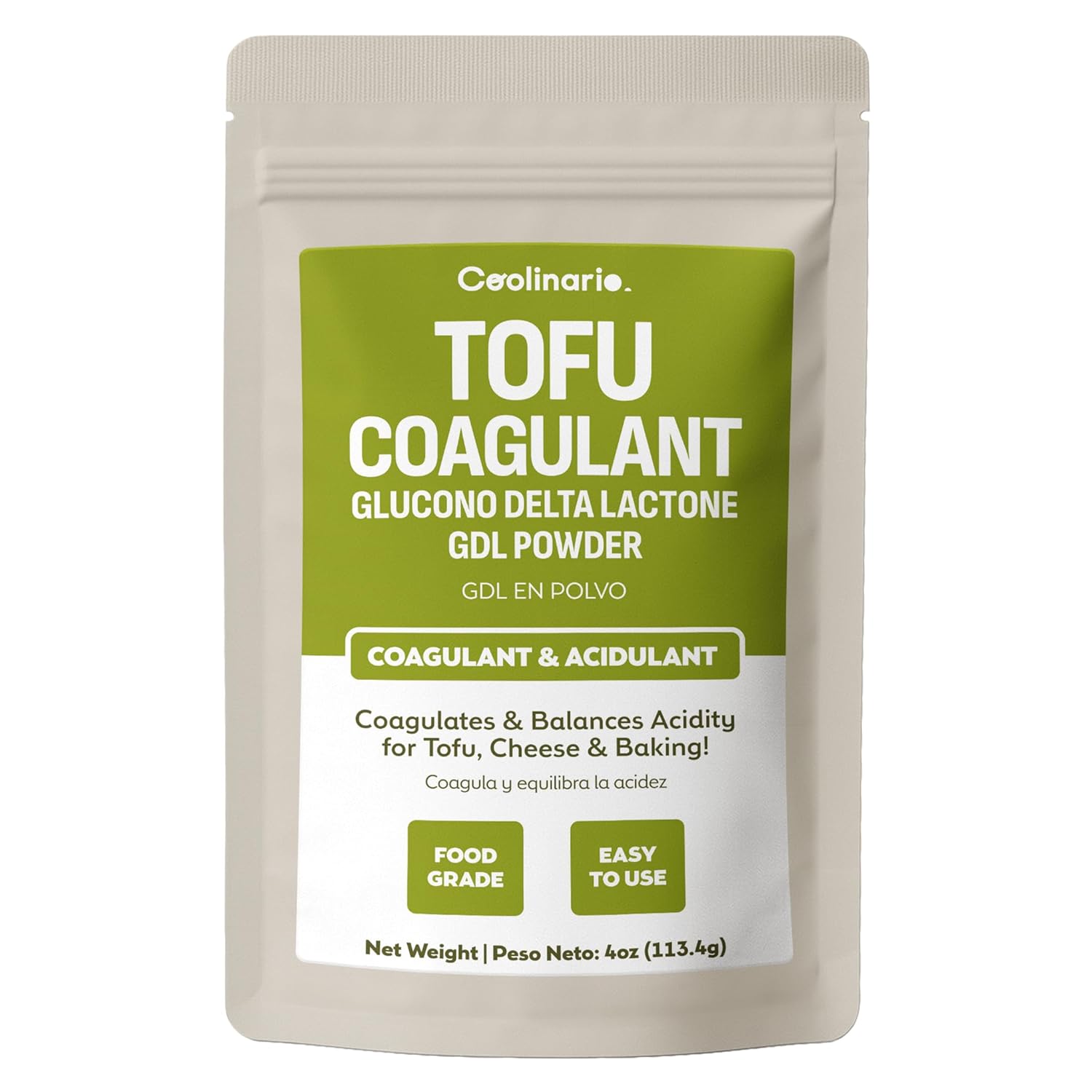 Coolinario Glucono Delta Lactone - GDL Tofu Coagulant (4 Oz) Mild Acidulant & Coagulant for Tofu, Cheese & Baking | Gentle Sweet-Tart Flavor | Perfect for Molecular Gastronomy & Food Preservation