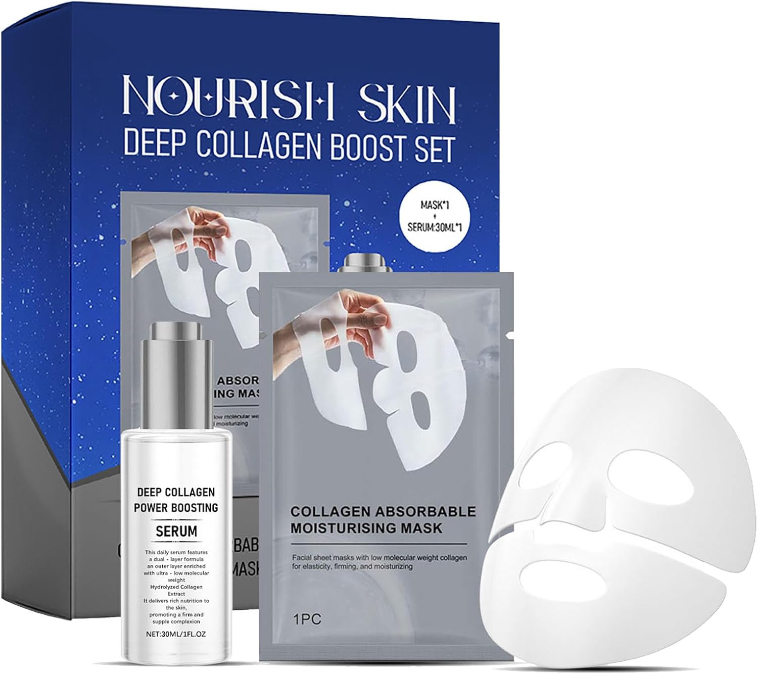 2PCS Deep Collagen Boost Set - Anti-Wrinkle Face Serum & Hydrating Collagen Sheet Mask - Facial Kit for Glowing Skin - Skin Care Set for Lifting and Firming - Reduce Fine Line & Moisturizing