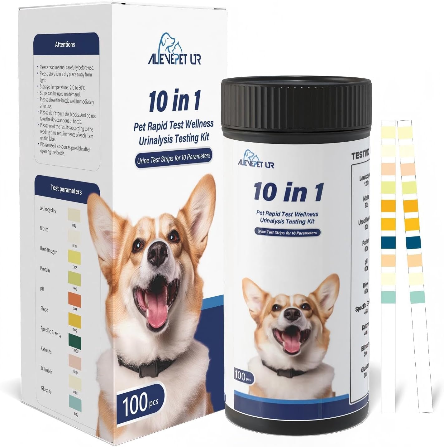Reagent Strips for urinalysis Cat & Dog Urine Test Strips 10-Parameter 100ct, Diabetes, Blood Ketone, UTI, Glucose, Nitrite, Specific Gravity, pH, Protein, Leukocycles & More.1 Pack