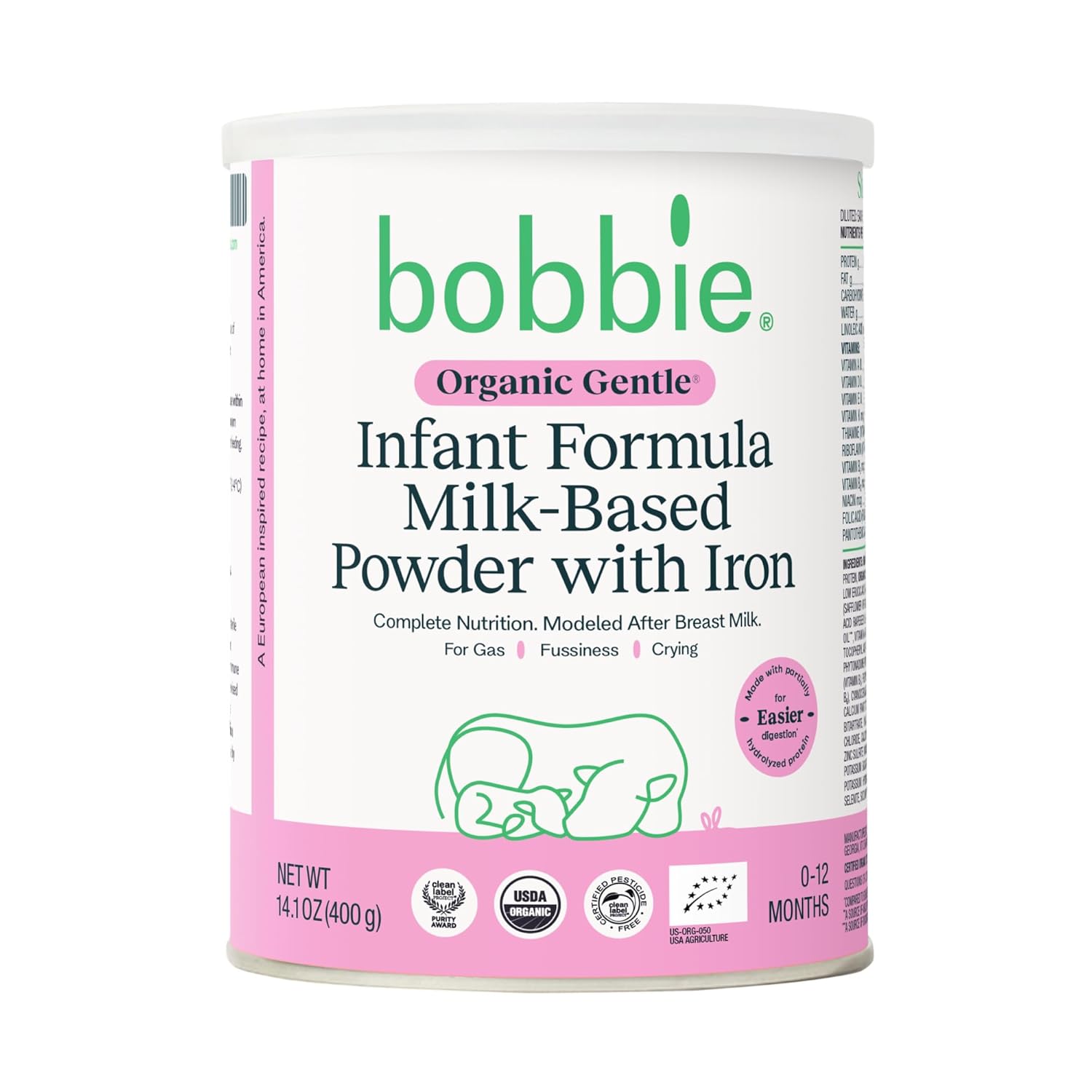 Bobbie Organic Gentle Infant Formula, Milk Based Powder with Iron, DHA, Vitamin D & 100% Lactose Like Breast Milk, For Fusiness, Crying & Digestive Health, Newborn Baby-12 Months Old, 14.1 oz, 1 Pack