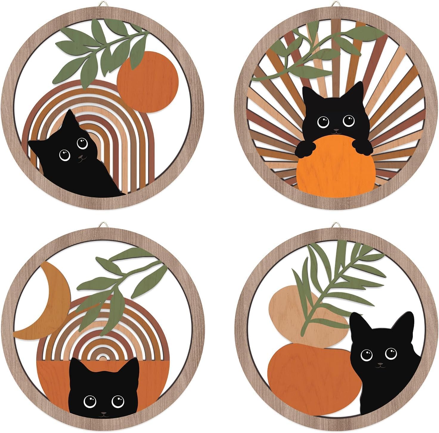 HPNIUB Boho Black Cat Wall Decor, Farmhouse Geometric Hanging Wooden Wall Art, 4 Pieces 10''x10'' Mid Century Bohemian Abstract Moon and Sun Wood Sign for Nursery Bedroom Decoration, Lovely Cat Gifts