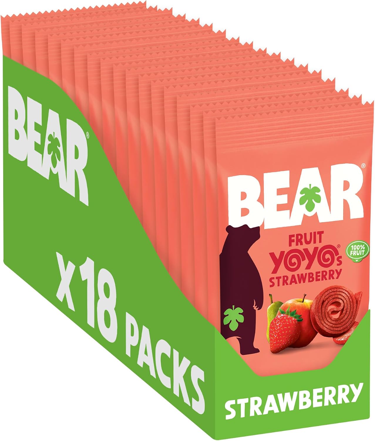BEAR Fruit Yoyos Strawberry, 100% Fruit, No Added Sugar, Ideal Lunchbox Snack for Kids or On-The-Go, 20g, Pack of 18