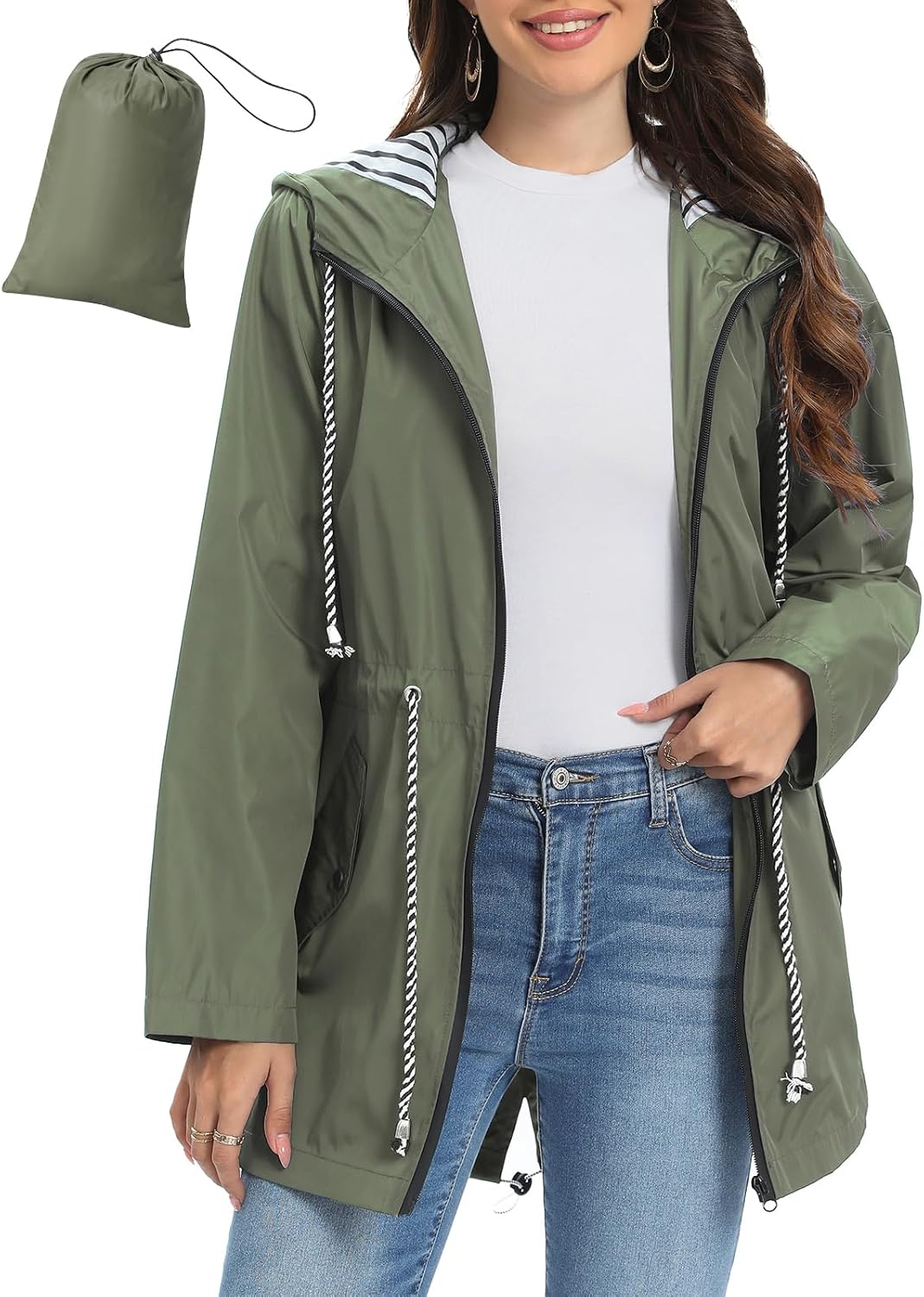 UMIPUBO Womens Waterproof Jacket Lightweight Long Rain Jacket Packable Raincoat Hooded Breathable Functional Windproof Windbreaker with Pocket for Outdoor Hiking Running Camping
