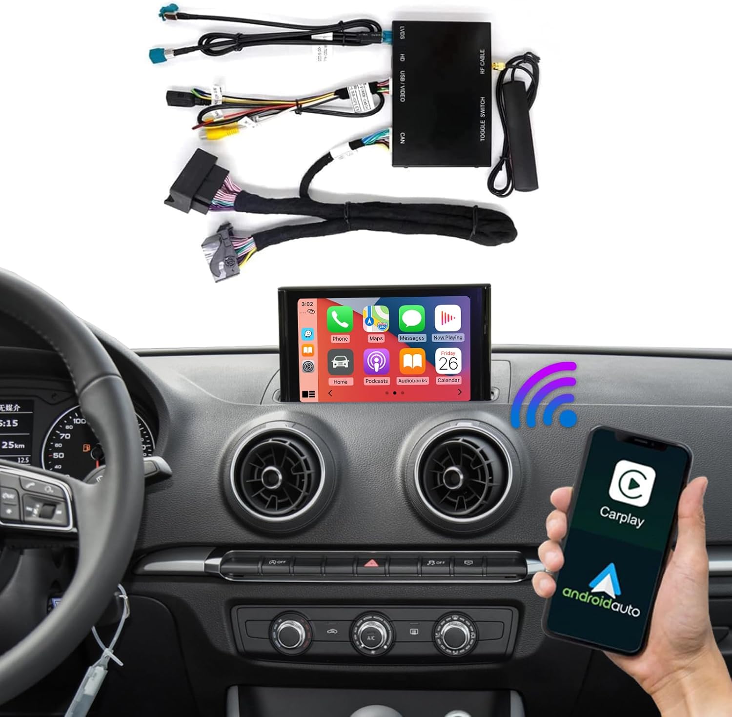 Road Top Wireless Carplay Android Auto Retrofit Kit for Audi A3 2013-2018 Year, Carplay Retrofit Kit Decoder, Support Mirror Link, Reverse Camera, Navigation