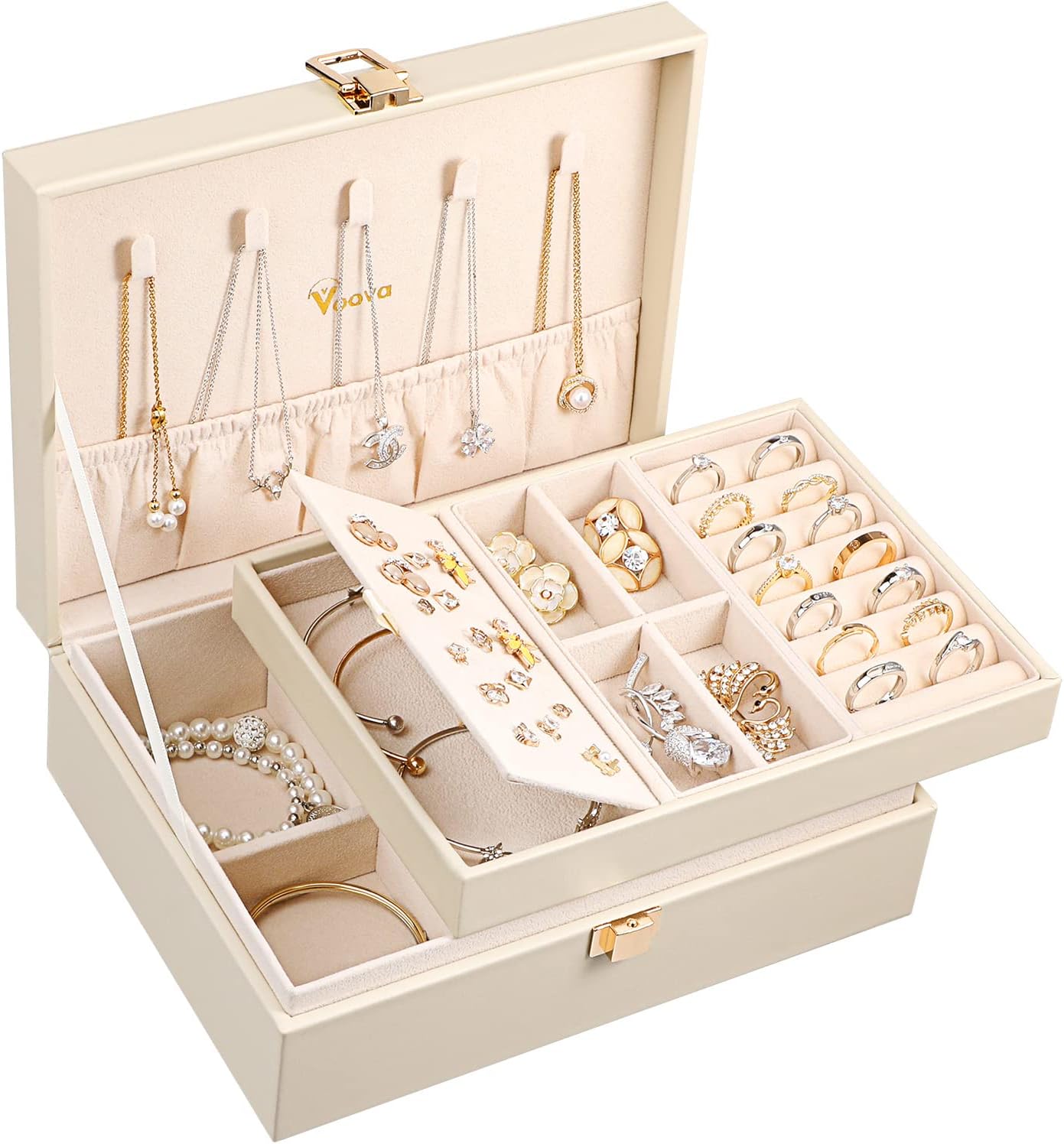 Voova Jewelry Box Organizer for Women Girls, 2 Layer Large Men Jewelry Storage Case, PU Leather Display Jewellery Holder with Removable Tray for Necklace Earrings Rings Bracelets, Vintage Gift,Apricot