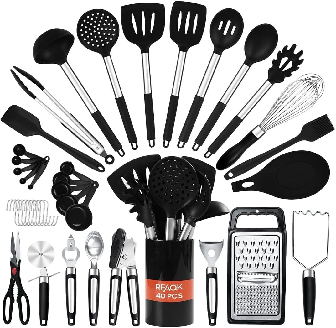 RFAQK 40PCs Silicone Kitchen Utensils Set with Holder 446℉ Heat Resistant,BPA Free Cooking Utensils Set, Silicone Utensil Set Includes Can Opener, Potato Smasher,Peeler,Tongs,Spatula Set,Pizza Cutter