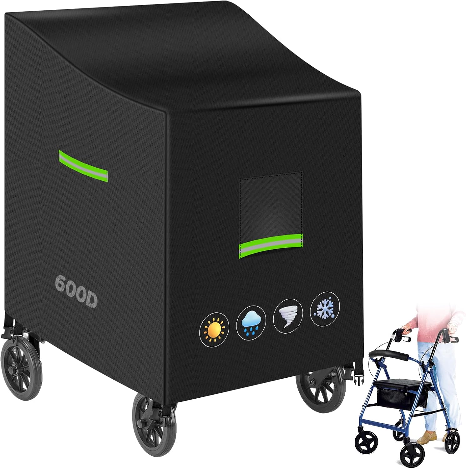 Rollator Cover, Heavy Duty 600D 26"x28.3"x35.4" Universal 4-Wheel Rolling Walker Cover, Waterproof Rollator Walker Cover, Walker Covers with Reflective, Windproof Buckles＆Air Vent, 66x72x90cm