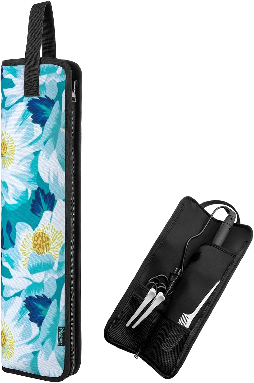 Beautyflier Universal Curling Iron Travel Case, Canvas Heat-Resistant Curling & Flat Iron Holder Travel Case, Hot Curling Iron Holder for Hair Tools Travel Bag or Daily Use (Flower White)