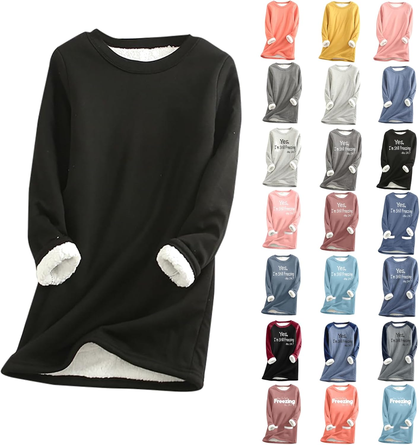 Ladies Fleece Lined Jumpers Winter Warm Christmas Sweatshirt Solid Color Round Neck Tops Slim Fit Autumn Winter Jumpers for Women Vintage Plush Sweater Casual Thick Velvet Pullover S-5XL