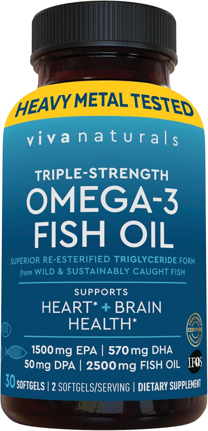 Viva Naturals Omega 3 Fish Oil Supplement for Women and Men - 2500 mg Triple Strength Fish Oil Pills with Re-Esterified Omega 3 Fatty Acids Including EPA, DHA DPA - 30 Pescatarian-Friendly Softgels
