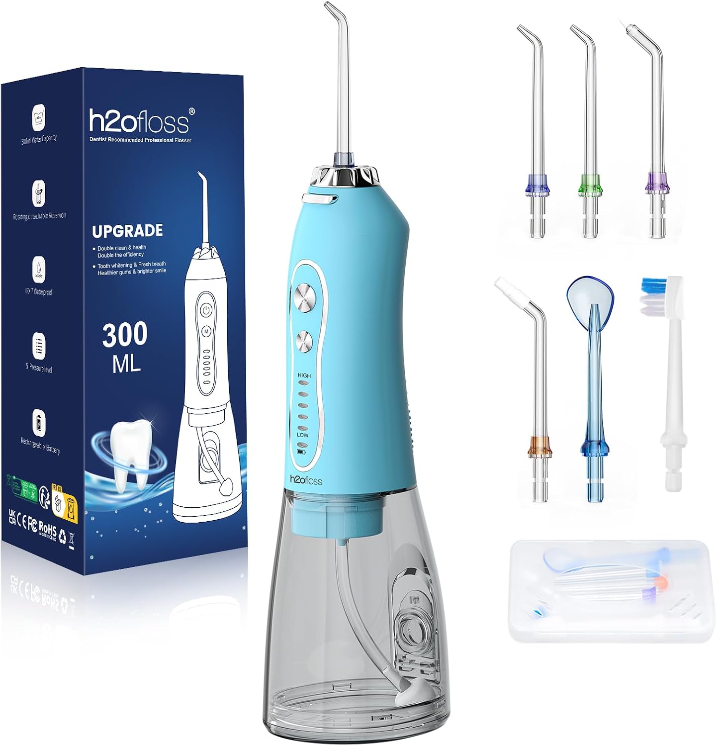 Water Dental Flosser Teeth Cleaner Pick, H2ofloss Cordless Portable Oral Irrigator,5 Mode IPX7 Waterproof Teeth Picks 300ML Rechargeable WaterFlosser for Teeth Cleaning Sky Blue