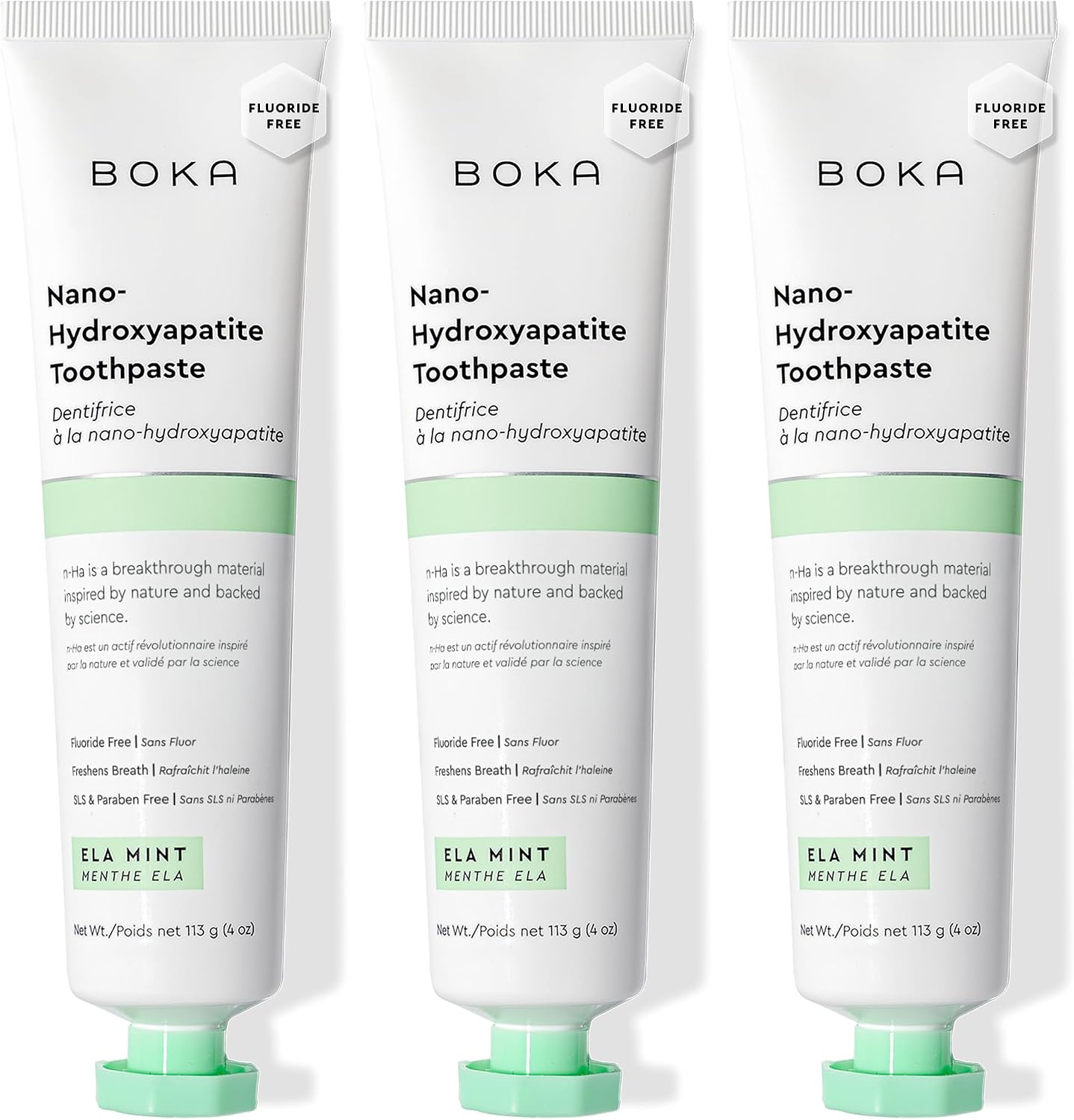 Boka Fluoride Free Nano Hydroxyapatite Toothpaste - Adult & Kids - Appropriate for Sensitive Teeth - No Sulfates & Parabens - Natural Flavors & Vegan - Mild Ela Mint (113g) 3pk