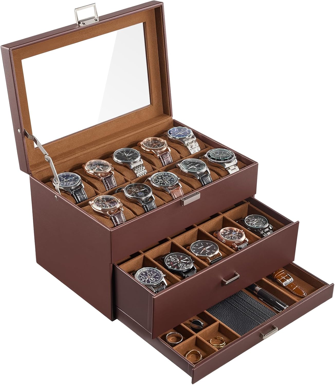 ProCase 3-Layer Watch Box with Glass Lid for Men, 20-Slot, Brown | PU Outer, Velvet Lining, Jewelry Storage Organizer with Drawer, for Straps Cufflinks Rings, Gift for Men Father Dad Husband