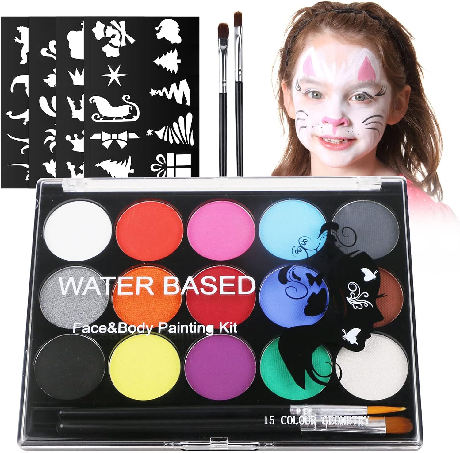 URAQT Face Paint Kit, 15 Color Face Painting Palette with 2 Brushes 32 Stencils, Washable Face Paints Safe Body Paint for Adults Kids Halloween Party Carnival, Makeup Paint Non-Toxic to Use