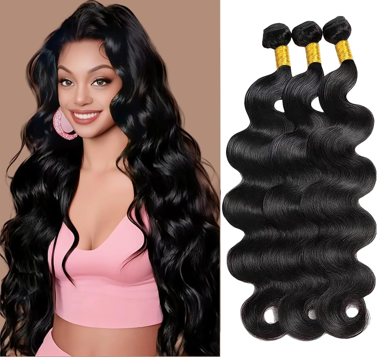 16 18 20 Inch Body Wave Bundles Human Hair 100% Unprocessed Brazilian Human Hair Bundles 3 Bundles Weave Bundles Hair Total 300g Natural Black Color
