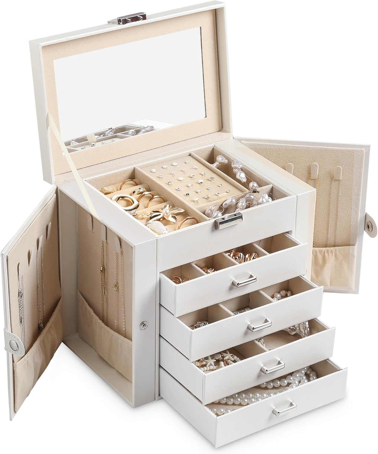 Frebeauty 5-layer Jewelry Box,Faux Leather Jewelry Organizer with 4 Drawers,Jewelry Organizers and Storage with Mirror,Jewelry Holder Organizer for Necklace,Jewerly Boxers for Women Girls(White)