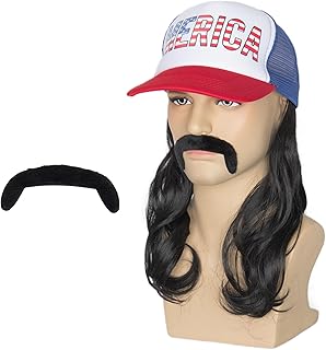 Yan Dream Black Curly Mullet Hat Wig with Mustache 4th of July American Costume Hat with Hair for Men Party Halloween