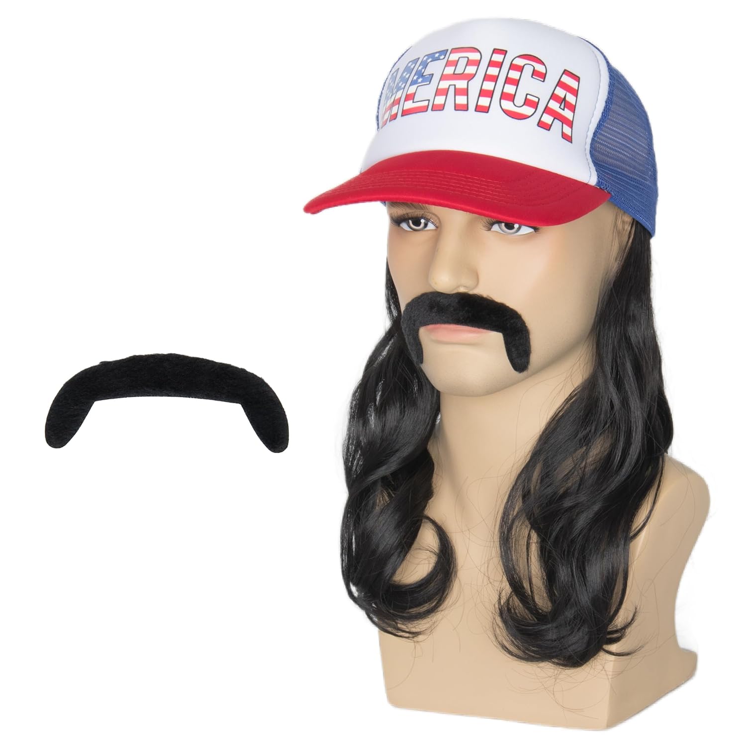 Yan Dream Black Curly Mullet Hat Wig with Mustache 4th of July American Costume Hat with Hair for Men Party Halloween