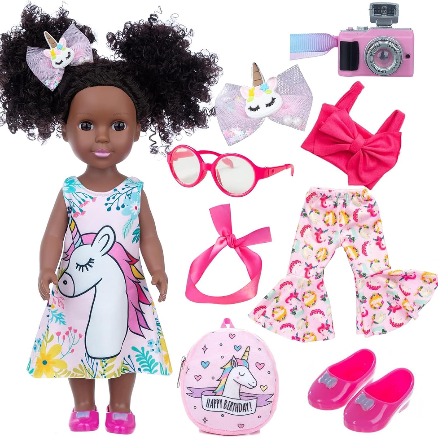 ZQDOLL Black Doll and Black Baby Doll Clothes 14.5 inch African American Silicone Girl Doll with 2 Sets Clothes and Travel Equipment Camera Backpack Glasses etc - Best Gift for Kids Girls