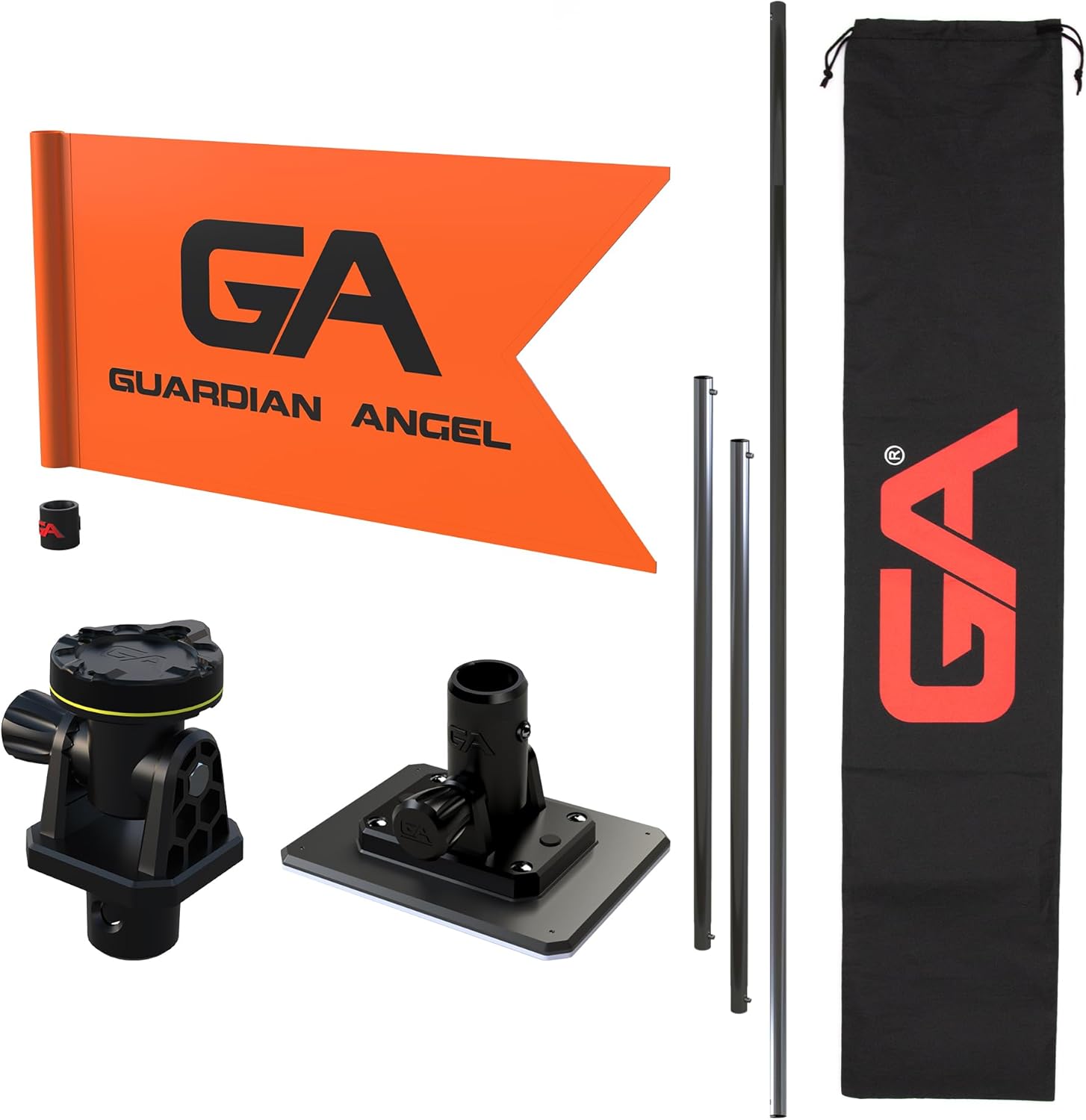 Guardian Angel Marine Mount & Accessory Bundle – Universal Base, Rotatable Head Mount, (2) 12” and (1) 24" Stainless Steel Poles, Safety Flag, Storage Bag – for Kayaks, Boats, Paddleboards, & More