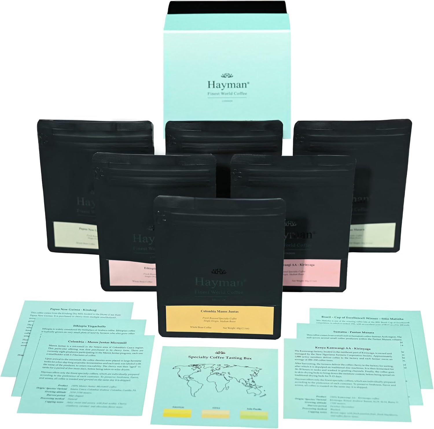 Hayman, Specialty Coffee Tasting Box, 6-Pack Gourmet Coffee Gift Set Selection, Premium Variety Sampler With Connoisseur Assortment, Ground, Medium Roast, 6 Bags With 60 Grams Each (360 Grams Total)