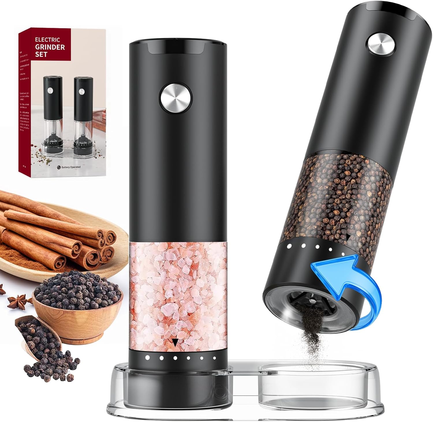 Electric Salt and Pepper Grinder Set, Automatic Battery Salt and Pepper Shakers，6 Adjustable Coarseness with LED, 100ml Upgraded Larger Capacity Pepper Mill Shakers for Kitchen, Dining and Gifts