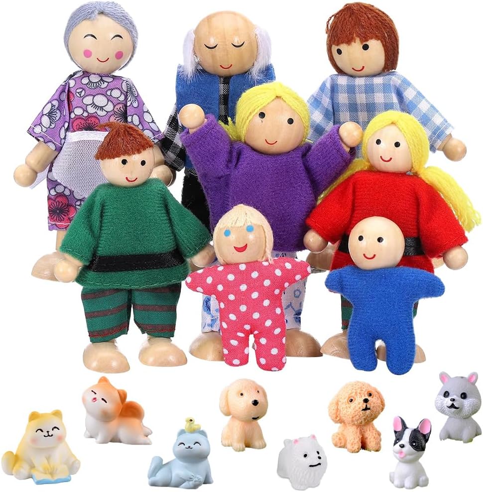 BIZOI Happy Family Dolls Playset, Wooden Figures Set of 8 People, Wooden Dollhouse People Family Set with Cat and Dog Doll for Dollhouse Accessories, Kids, Children, Girls, Birthdays