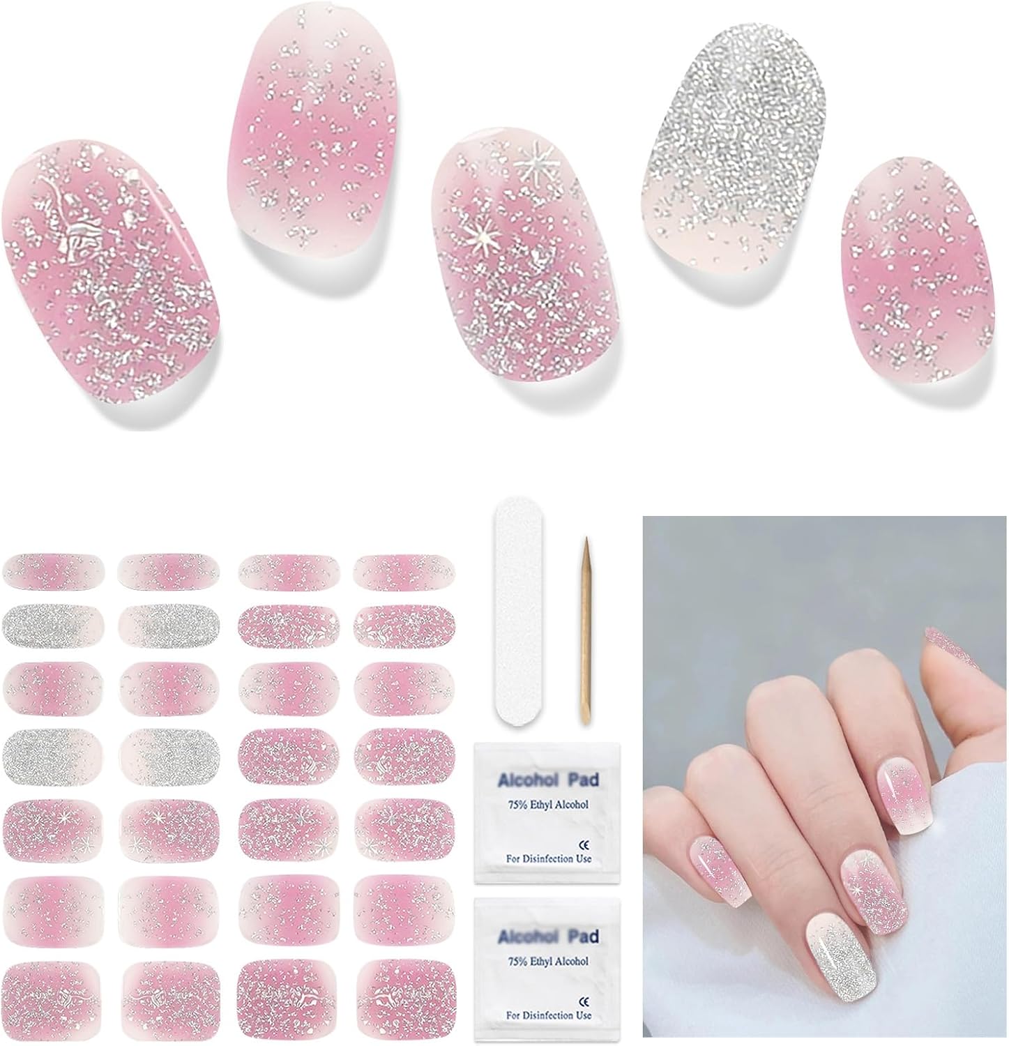 Semi Cured Gel Nail Strips, 28 pcs UV Gel Nail Stickers Full Nails Wraps for Women Home DIY Nails Art, UV Light Required(Pink Purple Rose)