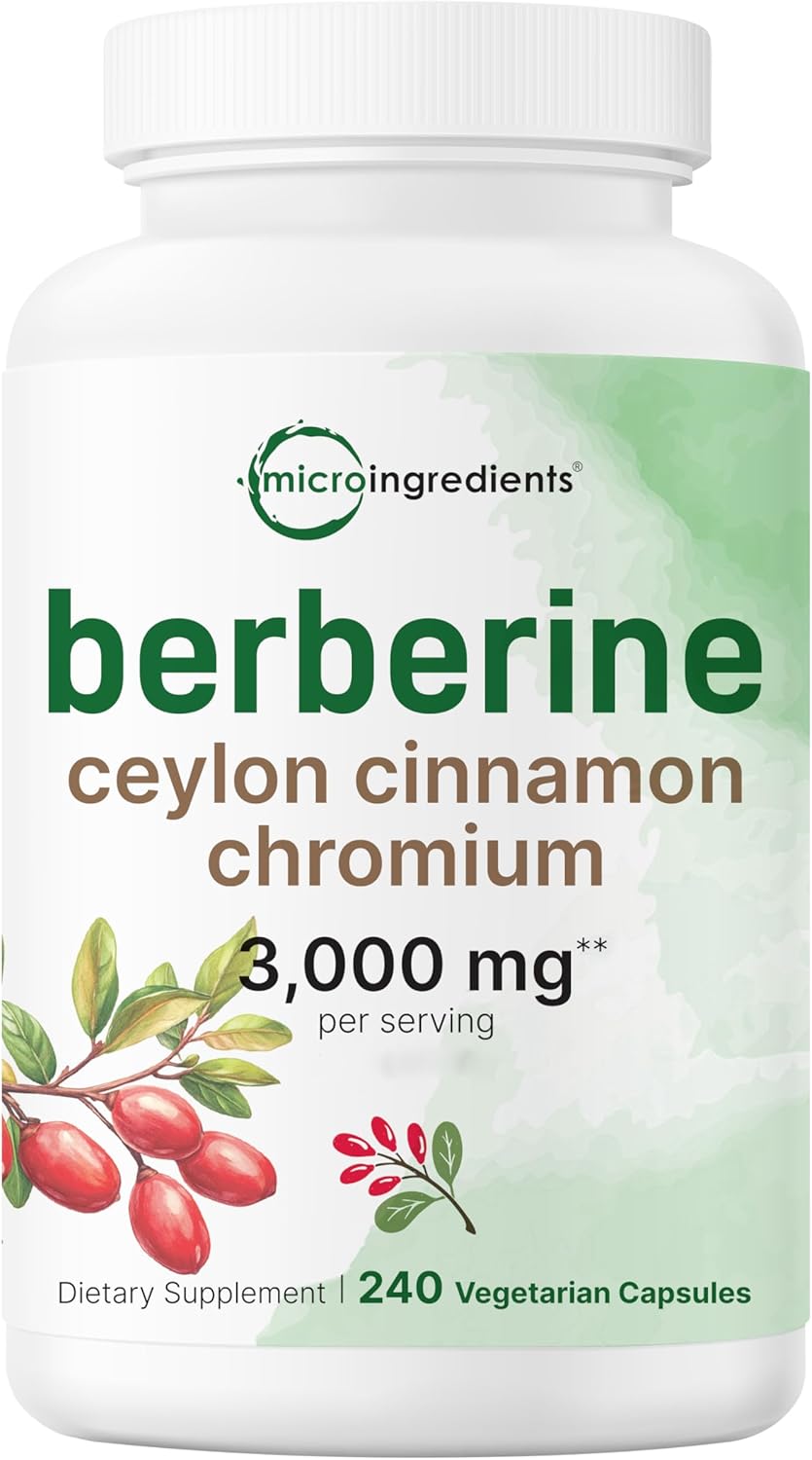 Micro Ingredients Berberine with Ceylon Cinnamon and Chromium Complex, 240 Veggie Capsules | High Potency Berberine HCl Root + Cinnamon Bark Extract | Heart Support & Immune Health Supplement