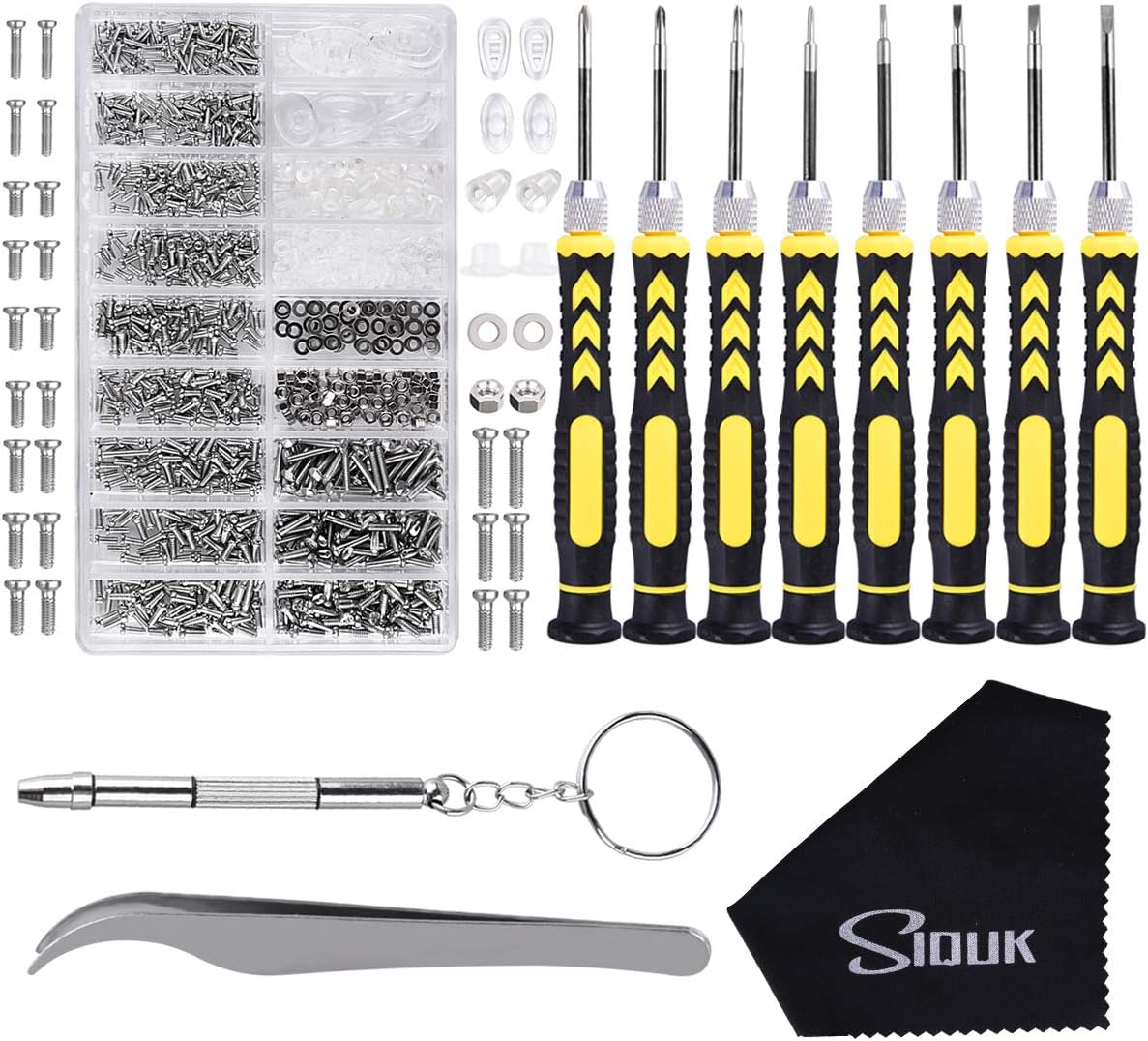 Eyeglass Repair Kit, SIQUK Glasses Repair Kit with 8 in 1 Magnetic Screwdriver and 6 Pairs Nose Pads, Screws Tweezers Glasses Cloth for Glasses, Eye Glass, Sunglass and Watch Repair