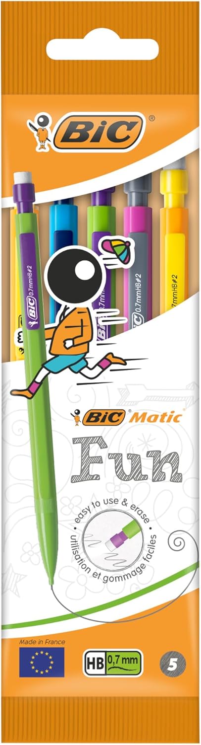 BIC Matic Fun, HB Mechanical Pencils and Eraser, Assorted Barrel Colours with Fine ,Yellow,Blue,Green,White,Pink,Point (0.7mm), Pack of 5,Yellow,Blue,Green,White,Pink
