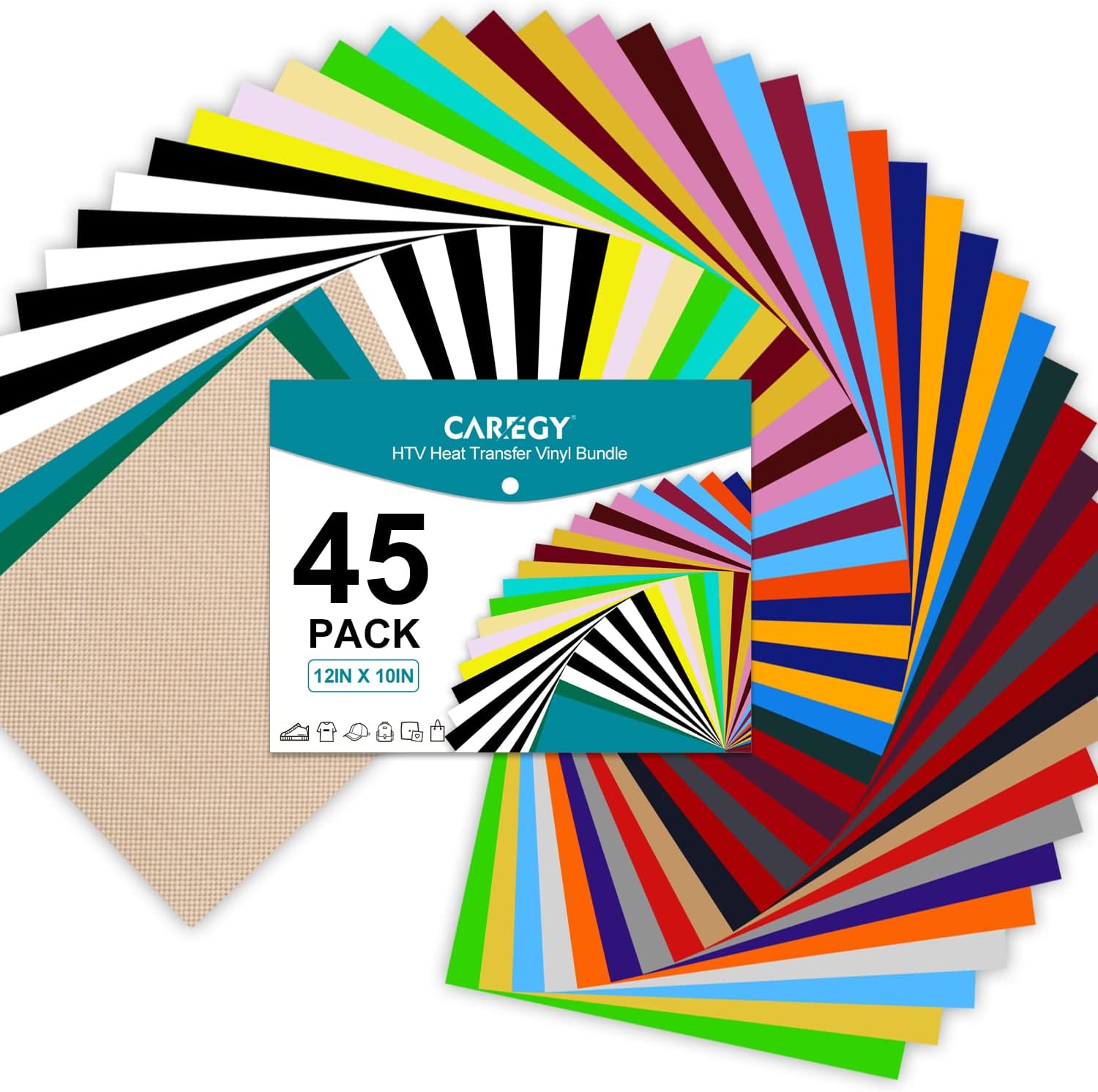 CAREGY HTV Vinyl Bundle Heat Transfer Vinyl 12"x10" - 45 Pack Includes 30 Pack Assorted Colors Sheets and 2 Sheets Teflon, Iron On Vinyl for DIY T-Shirts Fabrics