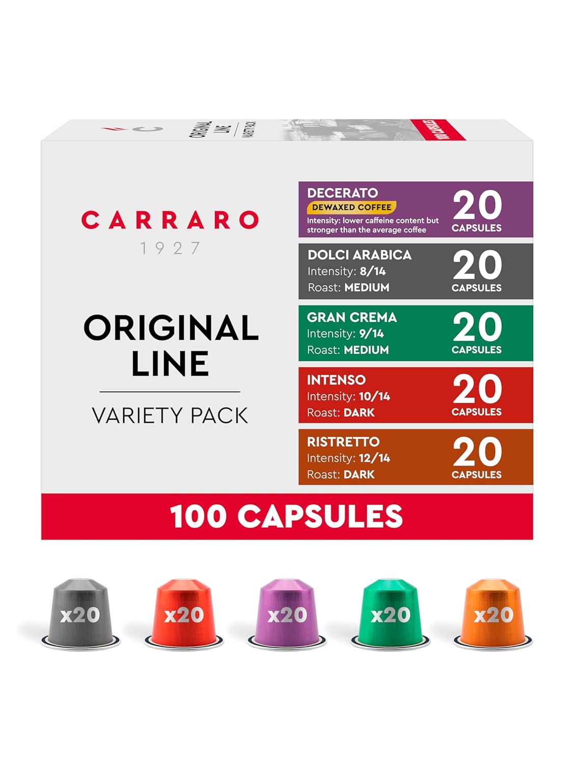 CARRARO 1927 Variety Pack - 100 Aluminum Coffee Pods Compatible with Nespresso Original line Machines - Medium & Dark Roast Coffee Capsules, 10 Packs - 100 Servings, Espresso Made in Italy