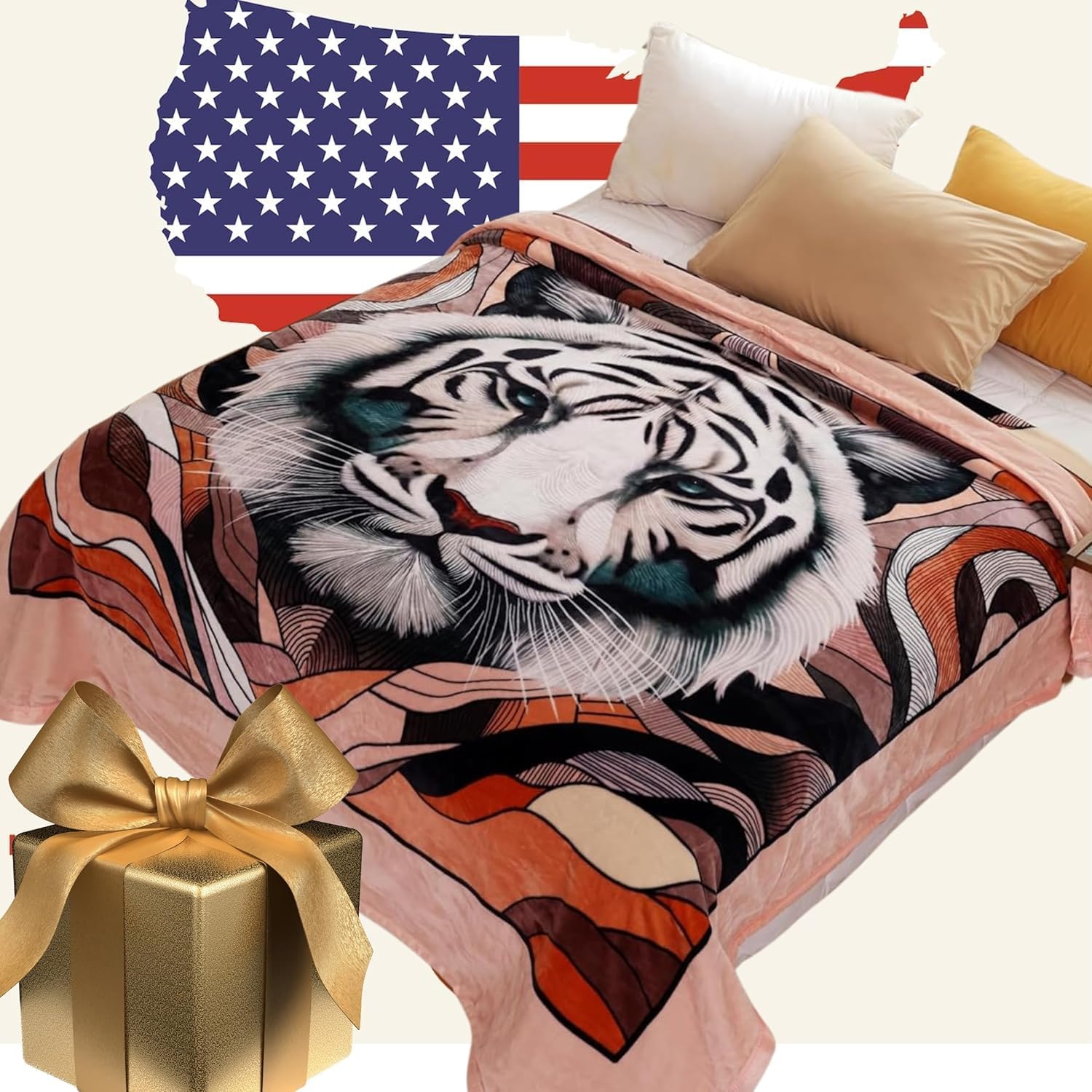 Heavy White Tiger Queen Size Blanket - Warm Plush Thick Korean Mink Fleece Raschel No-Lints, Cozy Valentine's San Marcos Winter, Microfiber Fluffy Mexican for Adults
