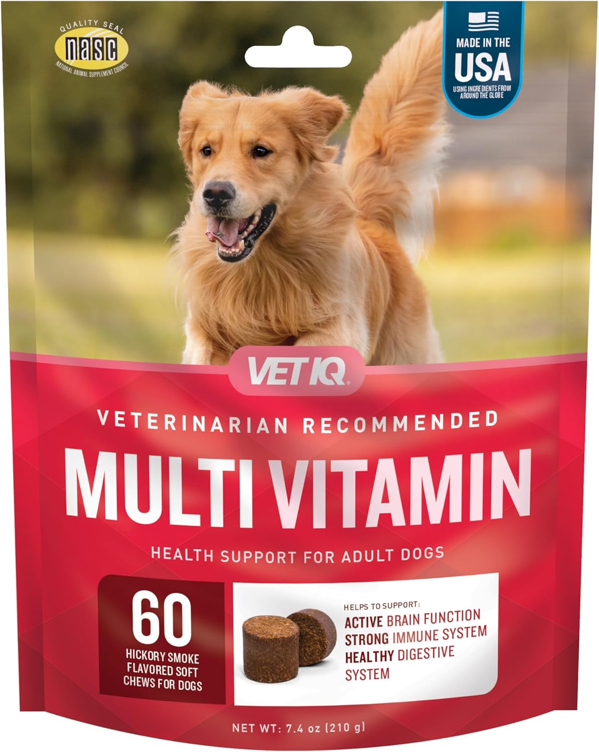 VetIQ Multivitamin Supplement for Dogs, Supports Active Brain Function, Immune System, and Digestive System, Hickory Smoke Flavored Dog Multivitamin, Made in The USA, 60 Count