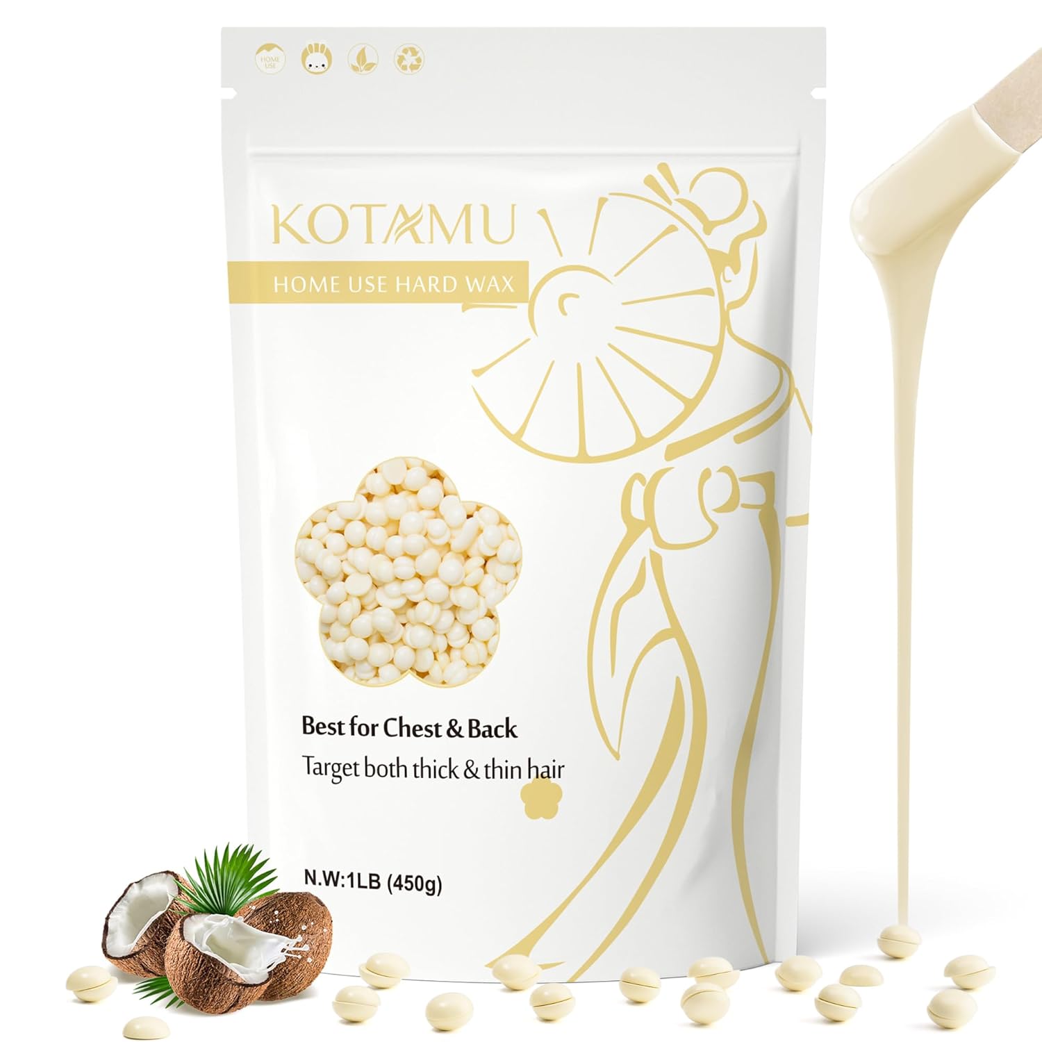 KOTAMU Hard Wax Beads for Hair Removal - 1lb Sensitive Skin Thick Hair Formula for Full Body, Face, Chest, Back, Leg, Bikini Brazilian Waxing - Wax Refill for Women and Men