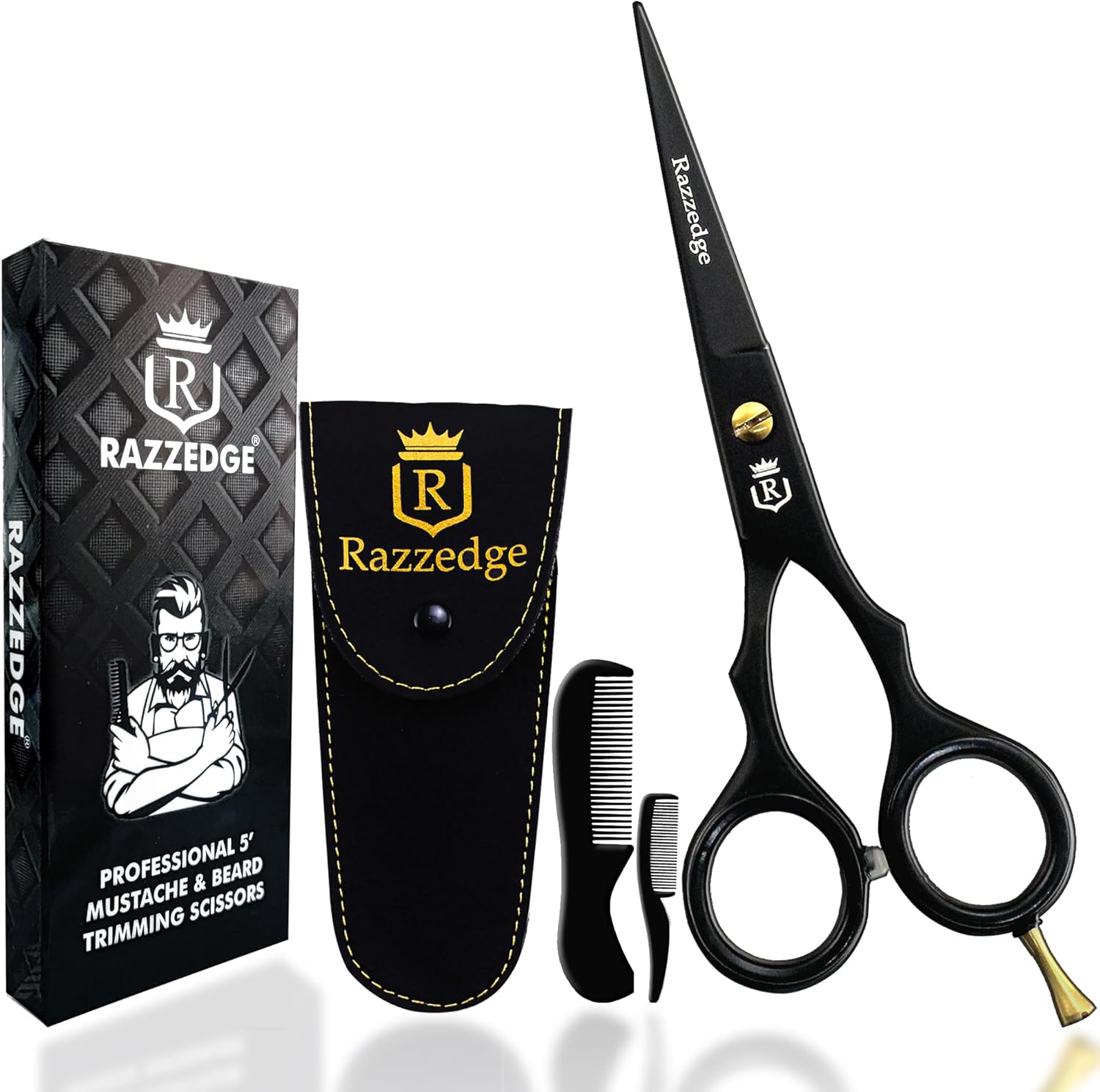 5" Professional Mustache & Beard Scissors With 1 Beard, 1 Mustache Comb & Travel Pouch, Stainless Steel Black Mustache & Beard Trimming Scissors for Men Facial Hair and Grooming.