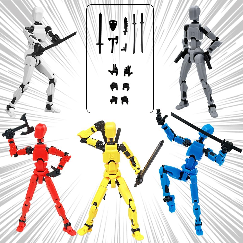 5Pcs T13 Action Figure Set, Titan Dummy Lucky T 13 3D Printed Model Figures, T-13 Plastic Robot Movable Anime Stop Motion Figurine Articulated Movie Poseable Boys Kids Toys with 3 Hands