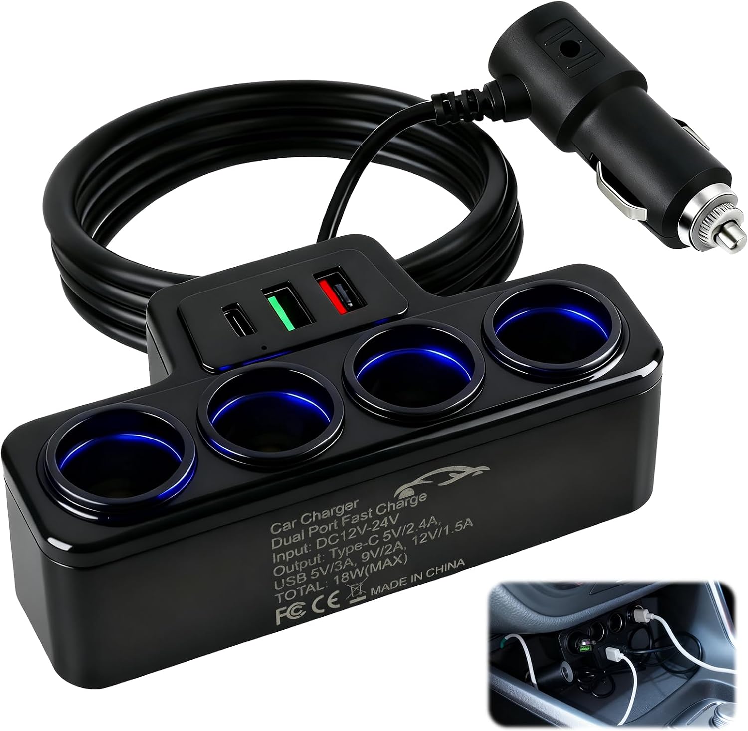 120W 7-in-1 Multi-Socket Car Charger, Vehicle Charging Port Extender with 4 Sockets 3 USB Ports (QC 3.0 + USB 3.1 + PD 3.1), Fast Charging for 12V/24V Vehicles for Phone Laptop GPS Dash Cam Car Fridge