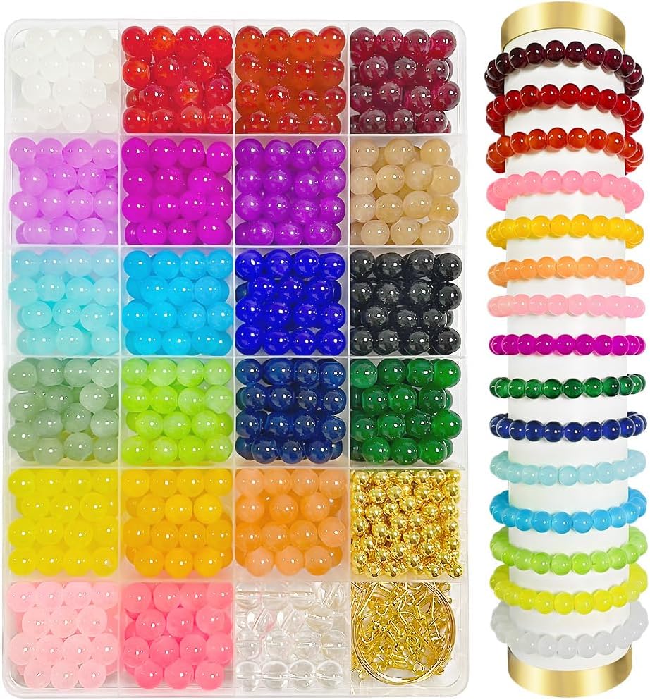 RichMoho 650Pcs Round Glass Beads for Bracelet Making Kit 22 Colors 8mm Crystal Gemstone Beads & 50Pcs Jewellery Making Accessories for Bracelet Necklace Earings Phone Lanyard