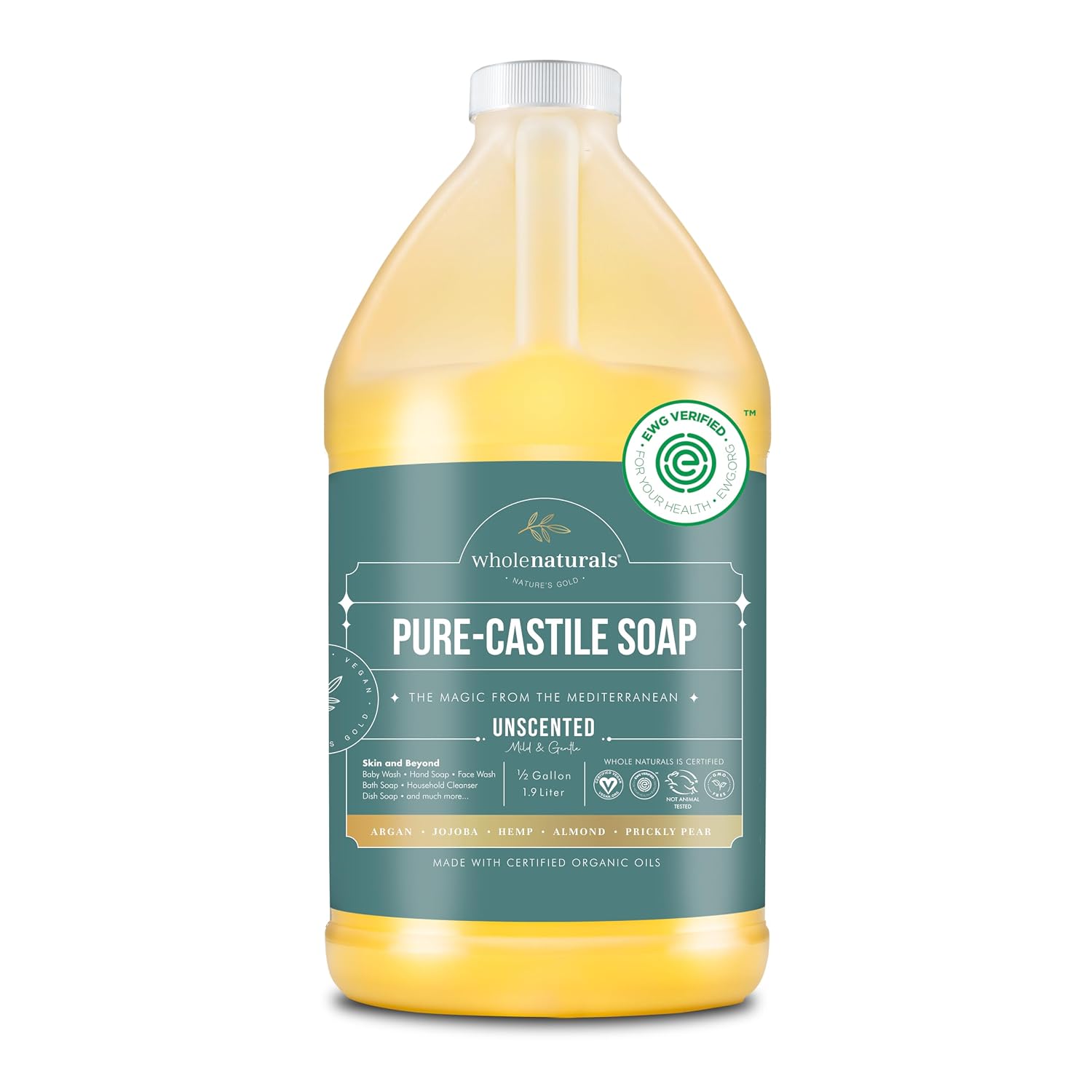WHOLENATURALS Pure Castile Soap Liquid, EWG Verified & Certified Palm Oil Free Unscented, Natural, Mild & Gentle Non-gmo & Vegan - Organic Body Wash, Laundry, Pet/Dog and Baby Soap - 64 Fl Oz