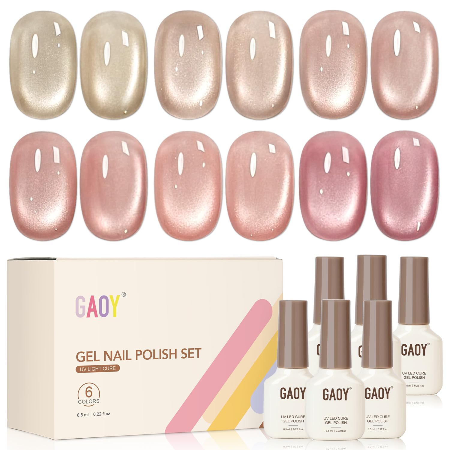GAOY Icy Glass Cat Eye Gel Nail Polish 6 Colors with Magnet, Moonlight Veil | Sheer Nude Shades, Satin Finish with Gemstone Holography, Pink Nude for Wedding, Nail Art Designs, UV Lamp Required