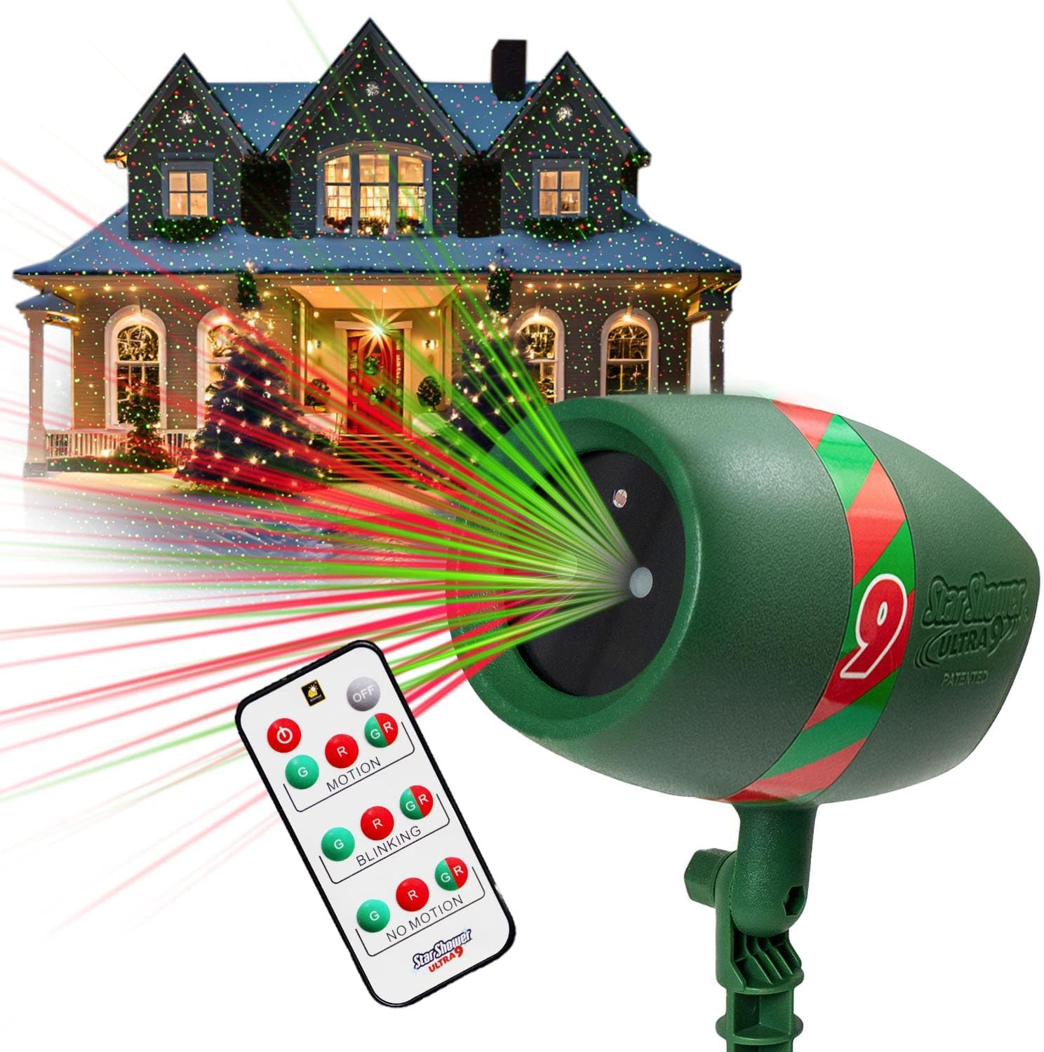 Star Shower Ultra 9 Outdoor Laser Light Show with Remote, AS SEEN ON TV, New 9 Unique Patterns, Showers Home w/Thousands of Lights, 3 Color Combinations, Motion or Still, Up to 3200 Sq Ft