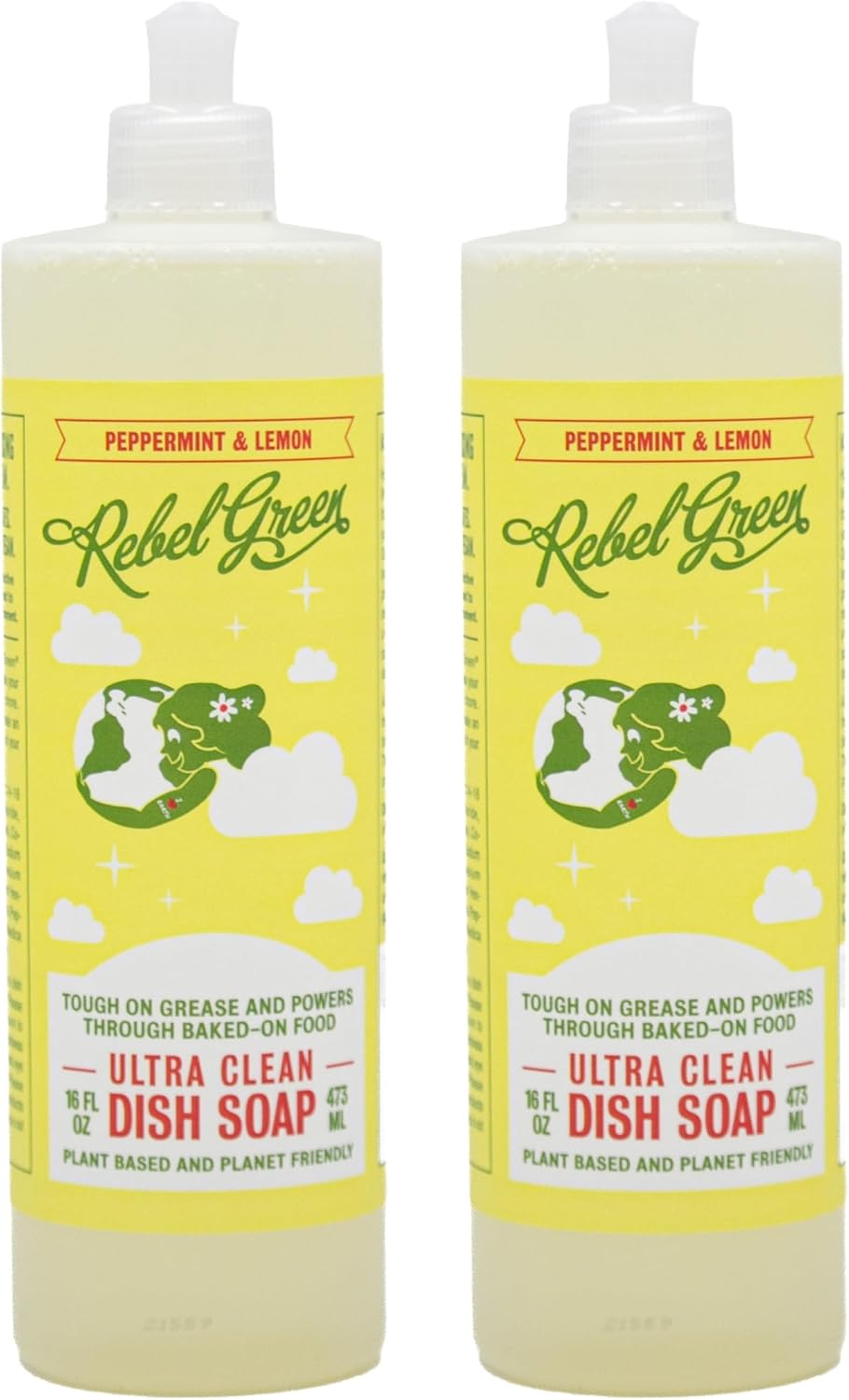 Rebel Green Super Deluxe Dish Soap - Natural Kitchen Dish Detergent - Gentle Dish Liquid Scented with Peppermint & Lemon - (16 oz 2 pack)