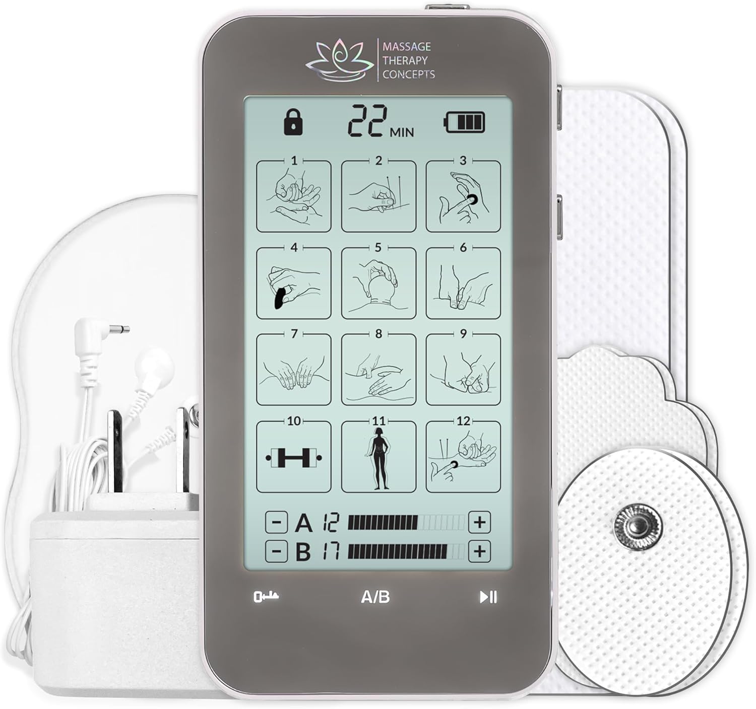 Massage Therapy Concepts TENS Machine for Pain Relief - Rechargeable TENS Unit EMS Muscle Stimulator, Shoulder, Neck, Back, Knee, Hip, Period Pain, Labour, Sciatica with 12 Modes & 20 Intensity Levels
