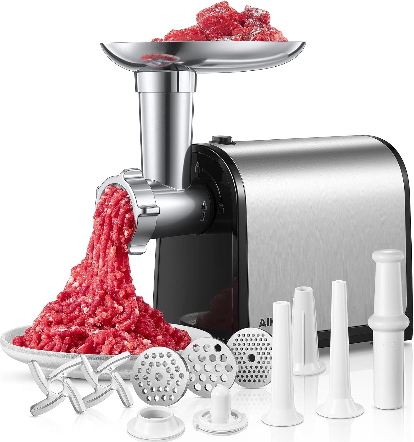 Electric Meat Grinder, Sausage Stuffer with 3 Sausage Tubes, 2 Blades, 3 Plates, 2000W Max, Meat Grinder Heavy Duty for Home Kitchen Use, Stainless Steel (Black)