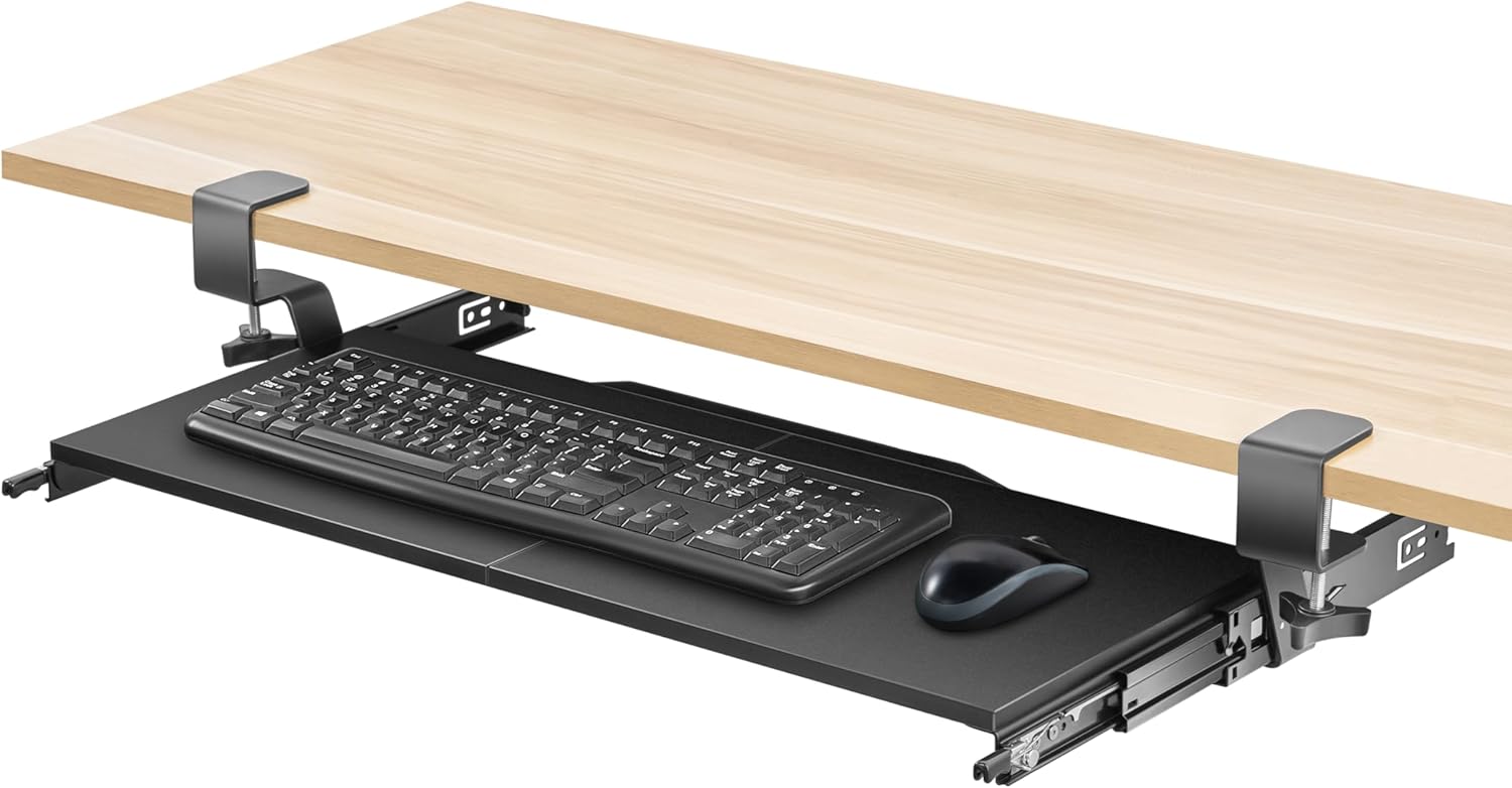 Keyboard Tray Under Desk, Slide Out with Extra Sturdy C Clamp Mount and Anti-Slip Structure (26.8"W x 11"D)