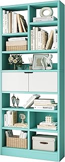 Wooden Bookshelf - Open Shelf Bookcase, 71" Tall Freestanding Display Storage Cabinet Organizer with 10 Cubes and Door, Floor Standing Bookshelf for Living Room Office, Green