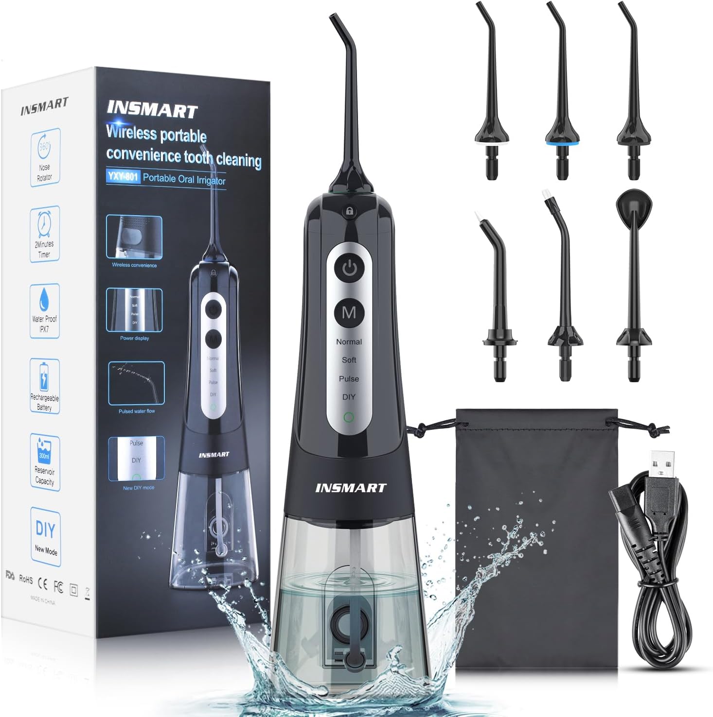 Cordless Water Dental Flosser Teeth Cleaner, INSMART Professional 300ML Tank DIY Mode Rechargeable Dental Oral Irrigator for Home and Travel, IPX7 Waterproof 6 Modes Irrigate Oral Care (Black)